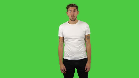Confident Guy with Shocked Surprised Wow Face Expression. Green Screen