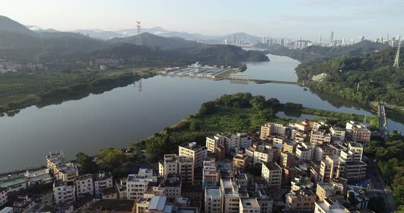 Aerial footage of sunrise urban village landscape  in Shenzhen city,China