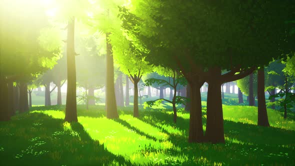 Cartoon Green Forest Landscape with Trees and Flowers
