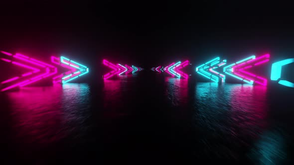 Red cyan neon background with glowing gradient arrows, showing forward direction