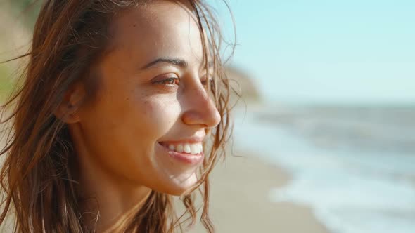 Extreme Close Up Slow Motion of Happy Joyful Slim Woman in Bikini Enjoying Wind and Waves on Sea