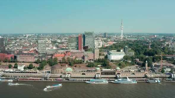 Landungsbruecken Landing Bridge St Pauli Harbour on River Elbe Aerial View Hamburg Germany