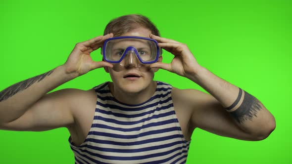 Emotional Man Tourist in Underwater Mask, Striped Sailor Shirt on Chroma Key