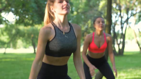 Group of women working out in the park. Training and doing exercises outdoors