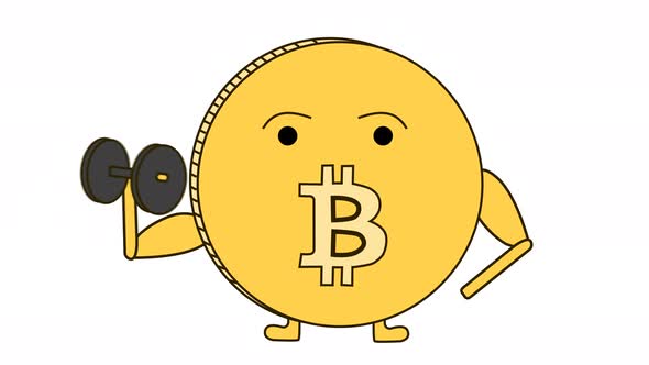 Cartoon Cryptocurrency Bitcoin working out with a dumbbell