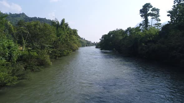 River near town of Vang Vieng in Laos seen from the sky