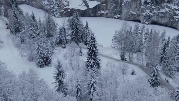 Beautiful Winter Aerial Footage of Ruskeala Mountain Park in Karelia in