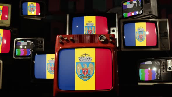 Flag of Bucharest, Capital of Romania, and Retro TVs.