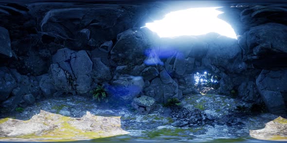 VR 360 Camera Moving Inside Tropical Cave in Jungle with Palms and Sun Light