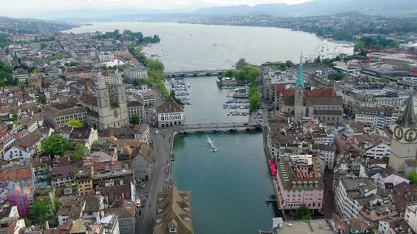 Aerial shot of Zurich old town, Switzerland, Europe