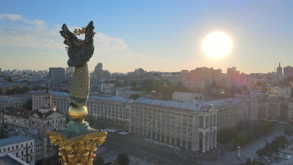 Monument in the Center of Kyiv, Ukraine, Maidan, Aerial View