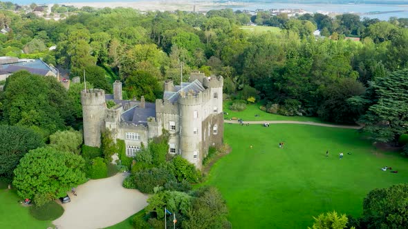 Aerial view over medieval Irish castle