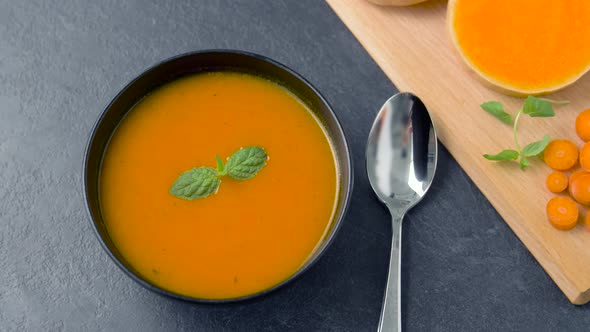 Close Up of Vegetable Pumpkin Cream Soup in Bowl