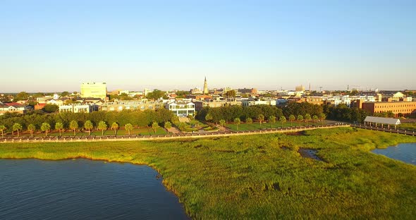 Aerial View of Charleston SC Skyline and Waterfront Park with Pineapple Fountain