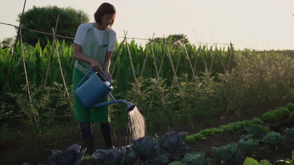 Woman watering plants in a vegetable garden