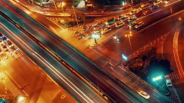 Time Lapse of Busy Highway Road Junction in Metropolis City Center at Night