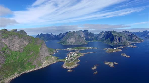 Aerial footage of coastline on Lofoten islands in Norway