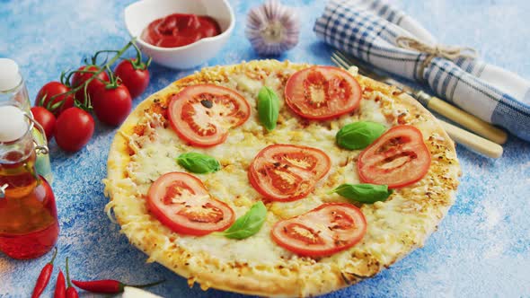 Delicious Italian Pizza Served on Blue Stone Table, Shot From Side