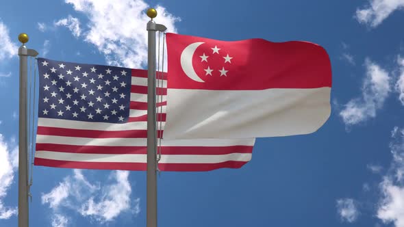 Usa Flag Vs Singapore Flag On Flagpole