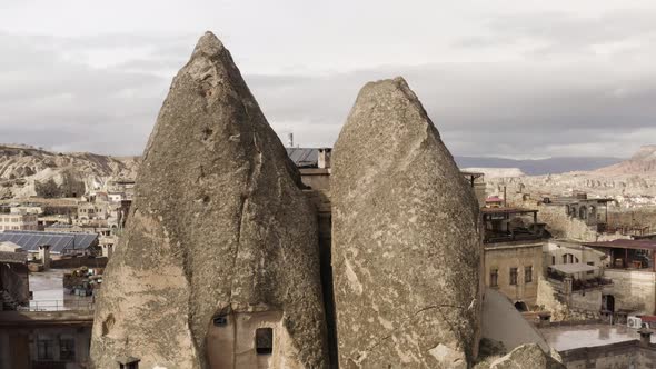 Ancient stone dwellings carved from tuff in Cappadocia