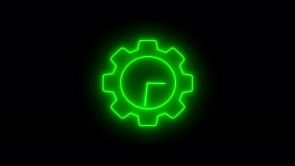 Gear Design Green Neon Light Clock Isolated On Black Background