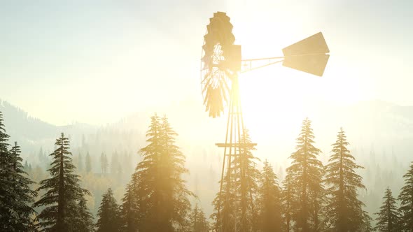 Typical Old Windmill Turbine in Forest at Sunset