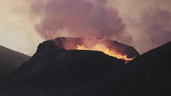 Molten Lava And Smoke Erupting From Fagradalsfjall Volcano