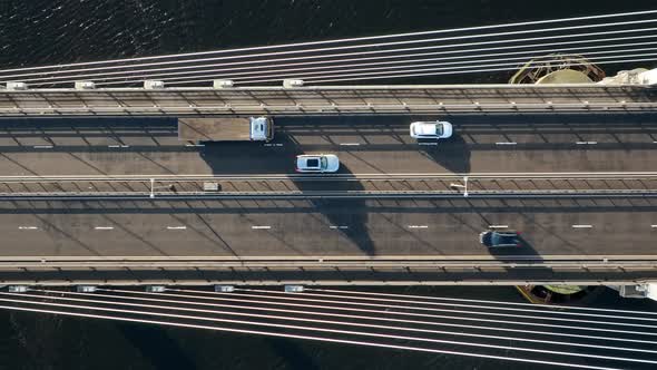 Vehicles Crossing a Suspension Cable Stayed Bridge in Slow Motion