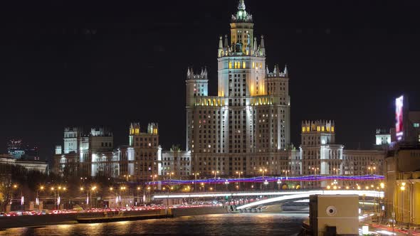 Dusk View of the Kotelnicheskaya Embankment Building, One of the Seven Sisters Buildings in Moscow