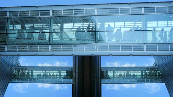 Crowd of Business People Walking Through Modern Hall Way In City Business District