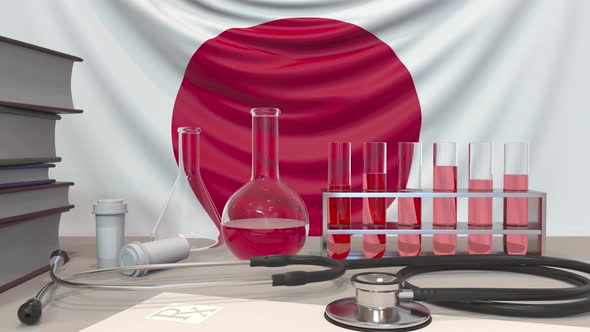 Clinic Laboratory Equipment on Japanese Flag Background alt