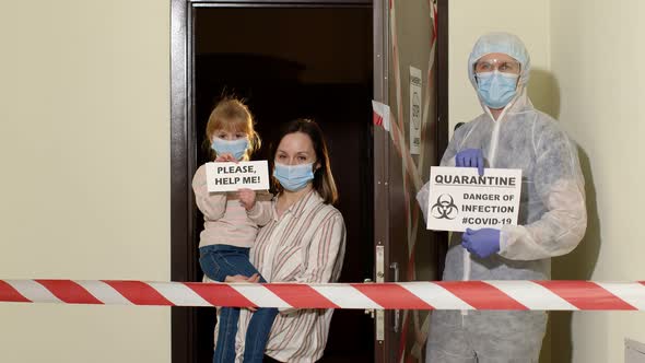 Medical Worker Opening Entrance Door Sick Family of Woman with Daughter at Home During Coronavirus