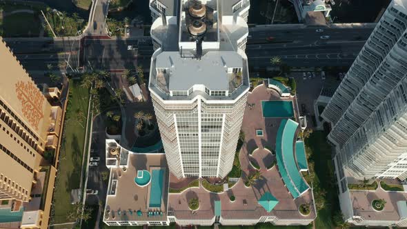 Overhead Aerial View on Front Line Buildings at Miami Beach. Paradise Vacation