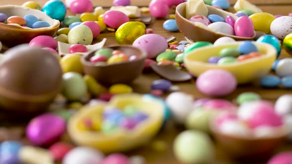 Chocolate Easter Eggs and Drop Candies on Table