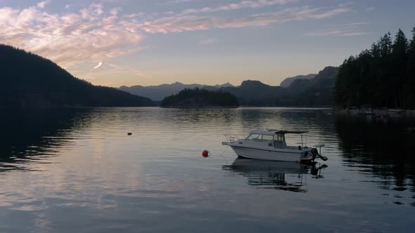 Speedboat Floating At The Sechelt Inlet On A Sunset Near The Egmont In Sunshine Coast, British Colum