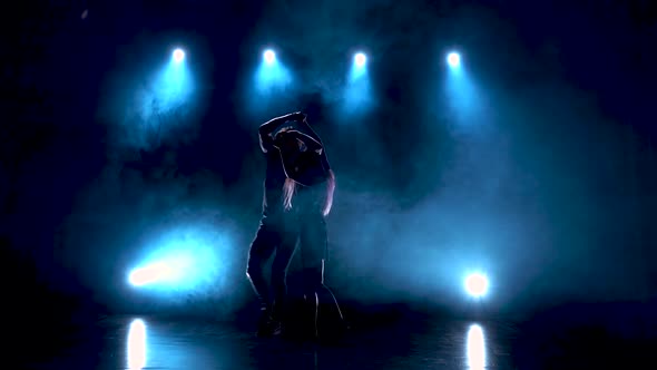 Modern Romantic Choreography Against Black Background with Spotlights in Smoke at Studio, Slow