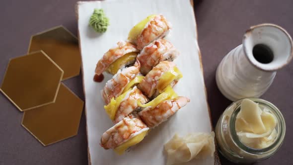 Sushi set with shrimp and mango