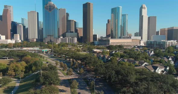 Drone view of skyscrapers in the Downtown Houston area. This video was filmed in 4k for best image q