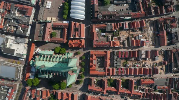 Aerial Birds Eye Overhead Top Down Panning View of Historic Town Centre with St