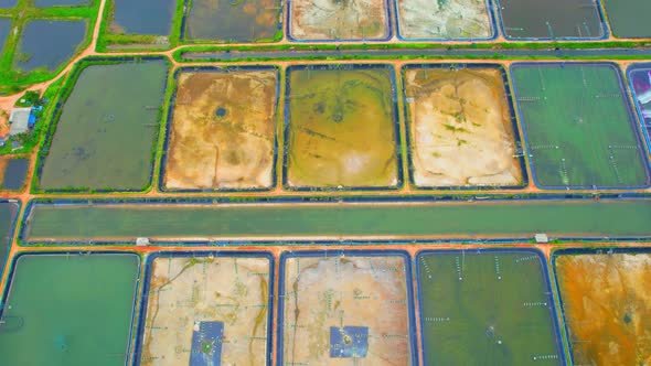 An aerial view over a drone flying over a large shrimp farm