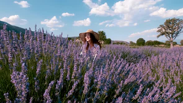 Happy Tourist Woman in Lavender Field
