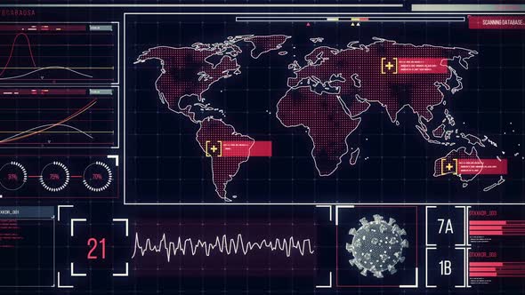 Animation of the world map on a screen with icons popping, macro coronavirus Covid-19 cell analyzed