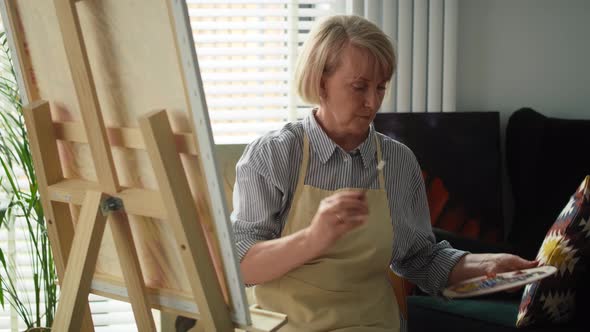 Video of senior female artist finishes painting a picture. Shot with RED helium camera in 8K.