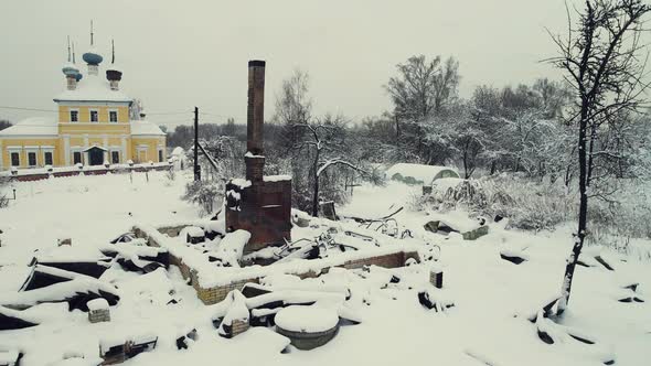 Calm Winter Rural Landscape with a Stove on the Ashes Aerial View