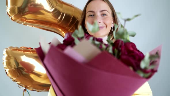 Woman Showing Colored Bouquet of Flowers Into Camera, Delivery