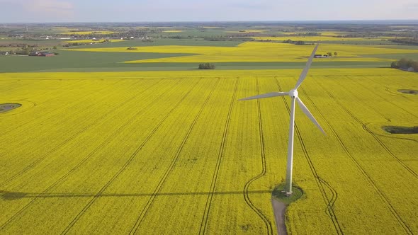 Big wind turbines on a yellow field