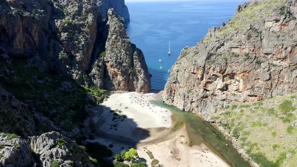 Boats and tourists at Sa Calobra, Mallorca, Balearic Islands, Mallorca