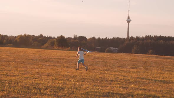 Little boy plays with a toy plane in a field at sunset. Childhood, freedom, inspiration concept.