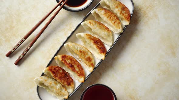 Orginal Asian Dumplings Gyoza Served in Long Plate