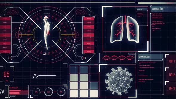 Animation of the human body analyzed on a screen, lungs and heart beat analyzed, medical information